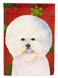 Bichon Frise Red and Green Snowflakes Holiday Christmas House Flag 28x40 Porch Sleeve Pole Decorative Outside Yard Banner Artwork Wall Hanging, Polyester