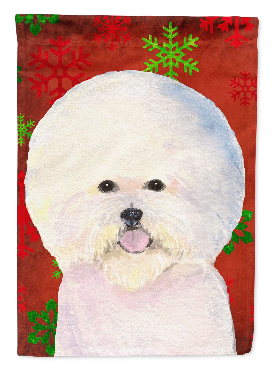 Bichon Frise Red and Green Snowflakes Holiday Christmas House Flag 28x40 Porch Sleeve Pole Decorative Outside Yard Banner Artwork Wall Hanging, Polyester