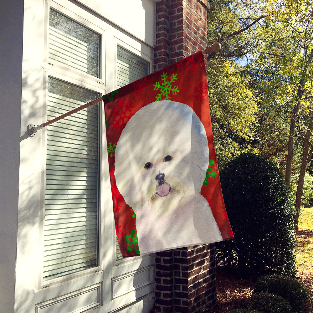 Bichon Frise Red and Green Snowflakes Holiday Christmas House Flag 28x40 Porch Sleeve Pole Decorative Outside Yard Banner Artwork Wall Hanging, Polyester