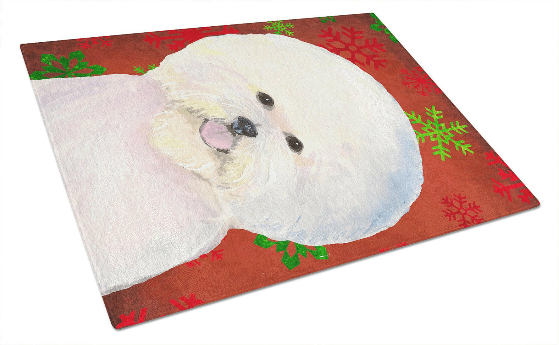 Bichon Frise Red and Green Snowflakes Holiday Christmas Cutting Board Tempered Glass Kitchen Cutting Surface, Heat Resistant Chopping, Non-Slip Feet, Food Prep & Serving