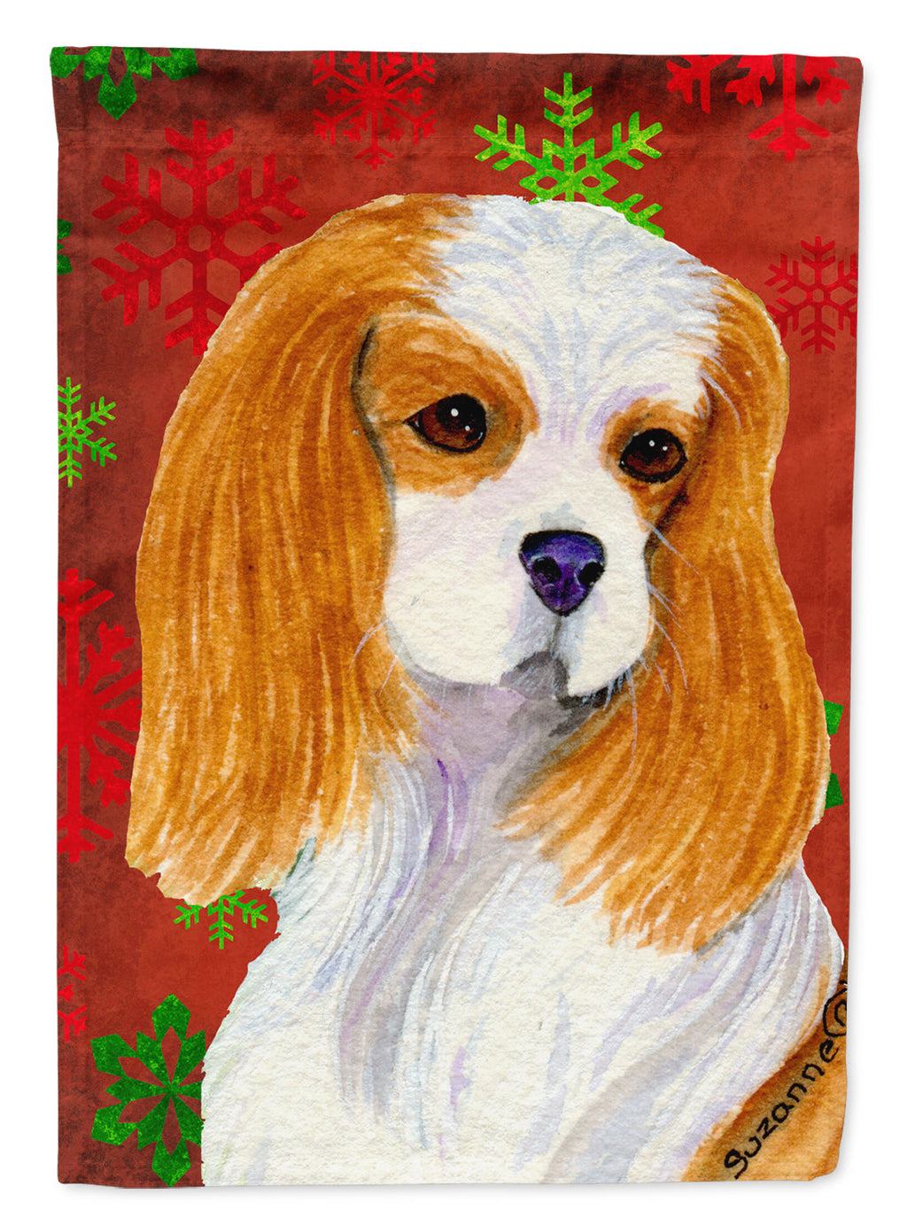 Cavalier Spaniel Red and Green Snowflakes Holiday Christmas House Flag 28x40 Porch Sleeve Pole Decorative Outside Yard Banner Artwork Wall Hanging, Polyester