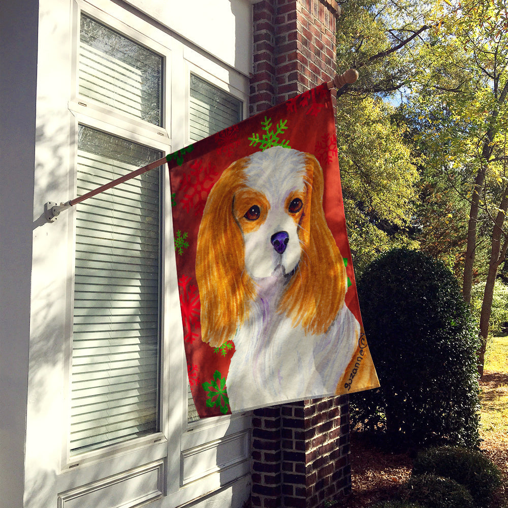 Cavalier Spaniel Red and Green Snowflakes Holiday Christmas House Flag 28x40 Porch Sleeve Pole Decorative Outside Yard Banner Artwork Wall Hanging, Polyester