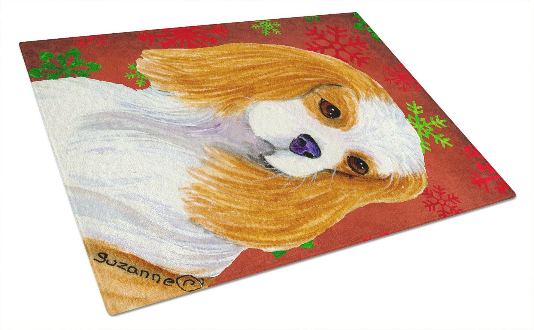 Cavalier Spaniel Red and Green Snowflakes Holiday Christmas Cutting Board Tempered Glass Kitchen Cutting Surface, Heat Resistant Chopping, Non-Slip Feet, Food Prep & Serving