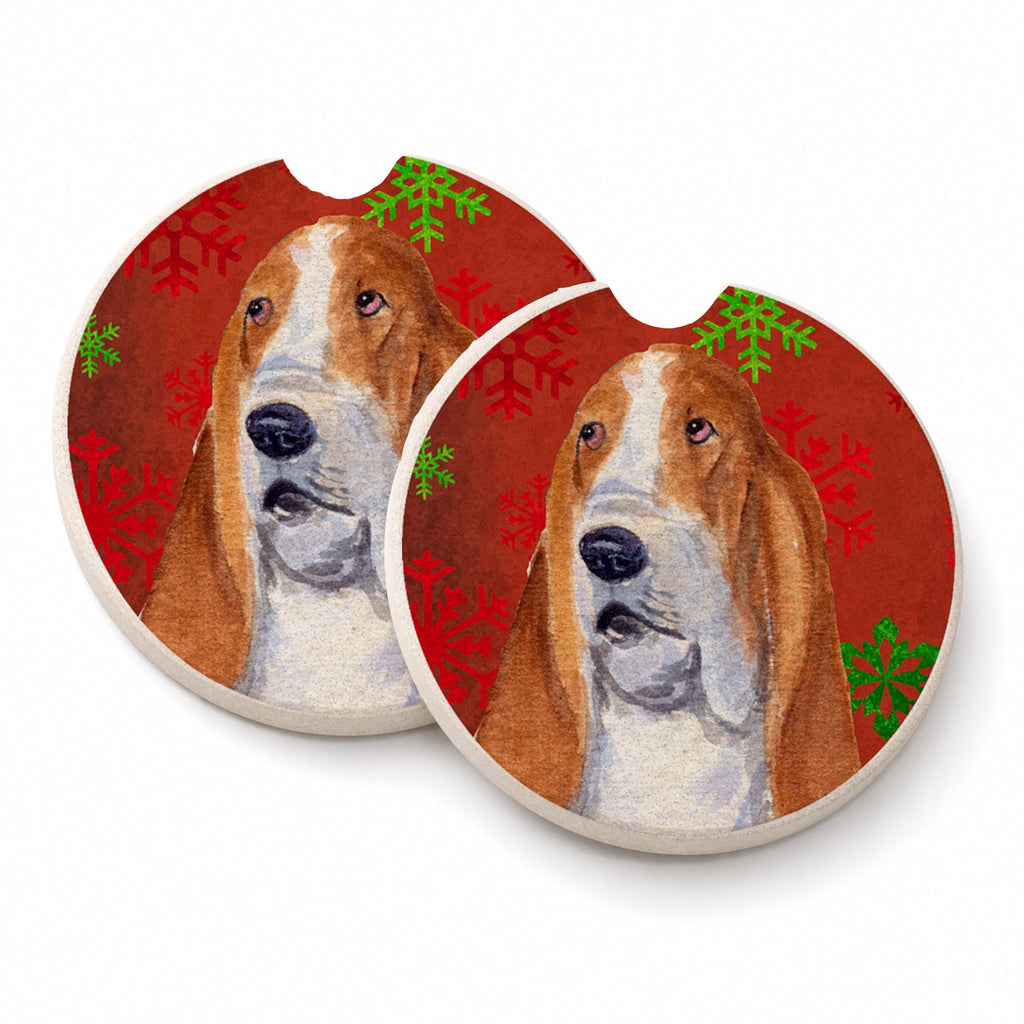 Basset Hound Red and Green Snowflakes Holiday Christmas Set of 2 Cup Holder Car Coasters Absorbent Round Sandstone Coasters Gifts for Men or Women, 2.5, Multicolor