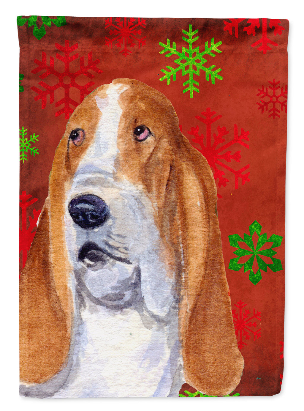 Basset Hound Red and Green Snowflakes Holiday Christmas House Flag 28x40 Porch Sleeve Pole Decorative Outside Yard Banner Artwork Wall Hanging, Polyester