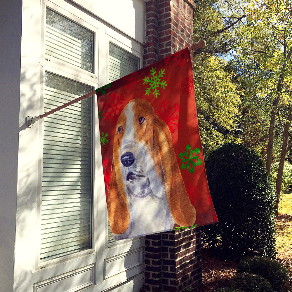 Basset Hound Red and Green Snowflakes Holiday Christmas House Flag 28x40 Porch Sleeve Pole Decorative Outside Yard Banner Artwork Wall Hanging, Polyester
