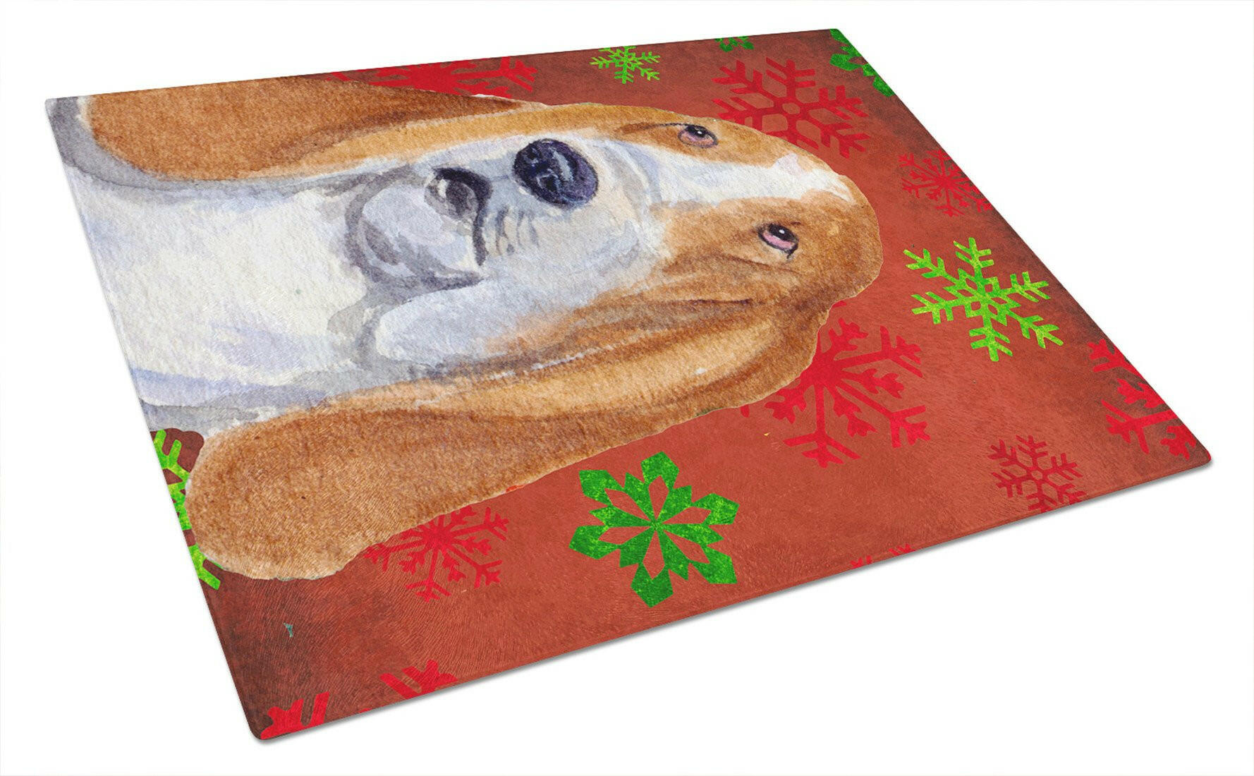 Basset Hound Red and Green Snowflakes Holiday Christmas Cutting Board Tempered Glass Kitchen Cutting Surface, Heat Resistant Chopping, Non-Slip Feet, Food Prep & Serving