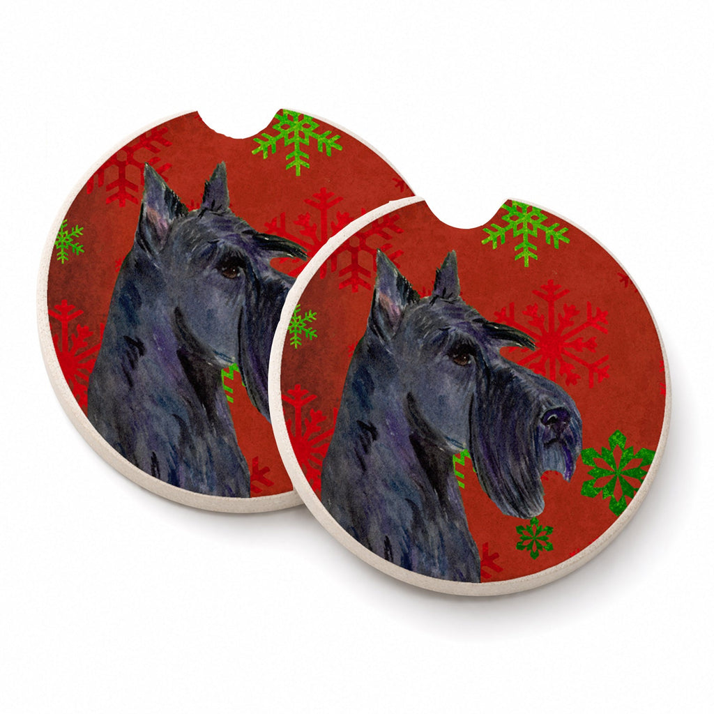 Scottish Terrier Red and Green Snowflakes Holiday Christmas Set of 2 Cup Holder Car Coasters Absorbent Round Sandstone Coasters Gifts for Men or Women, 2.5, Multicolor