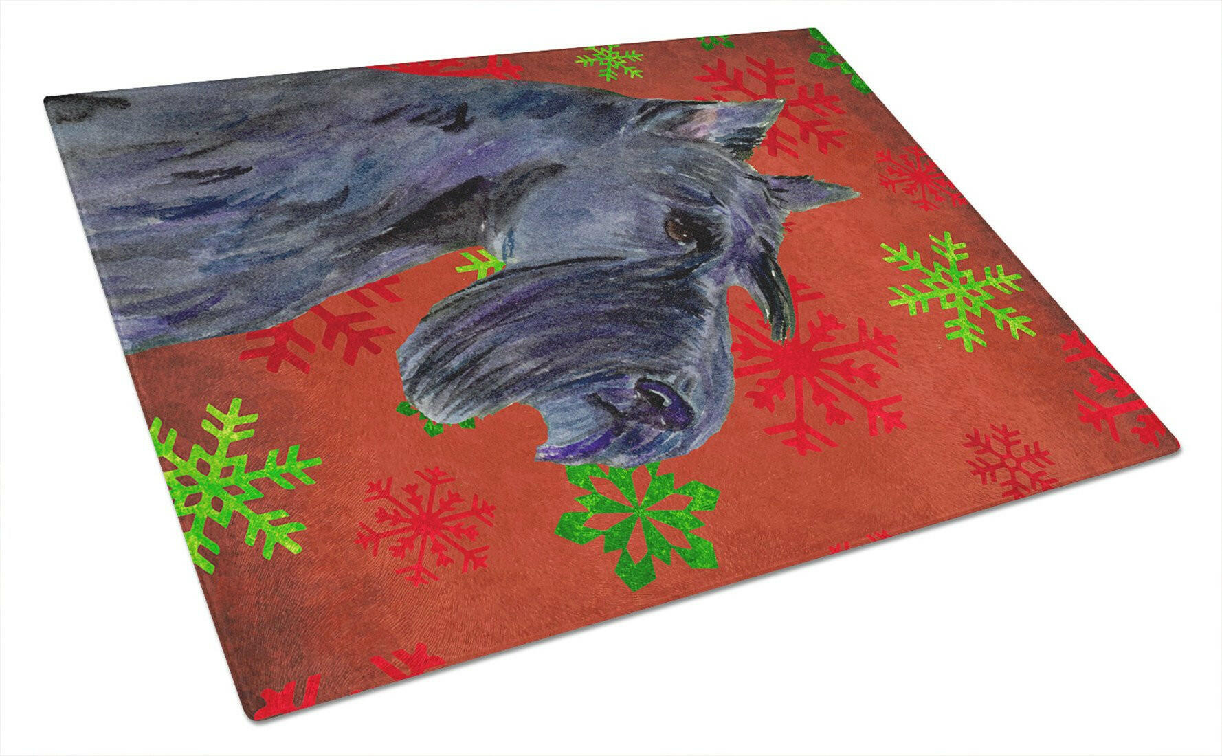 Scottish Terrier Red and Green Snowflakes Holiday Christmas Cutting Board Tempered Glass Kitchen Cutting Surface, Heat Resistant Chopping, Non-Slip Feet, Food Prep & Serving