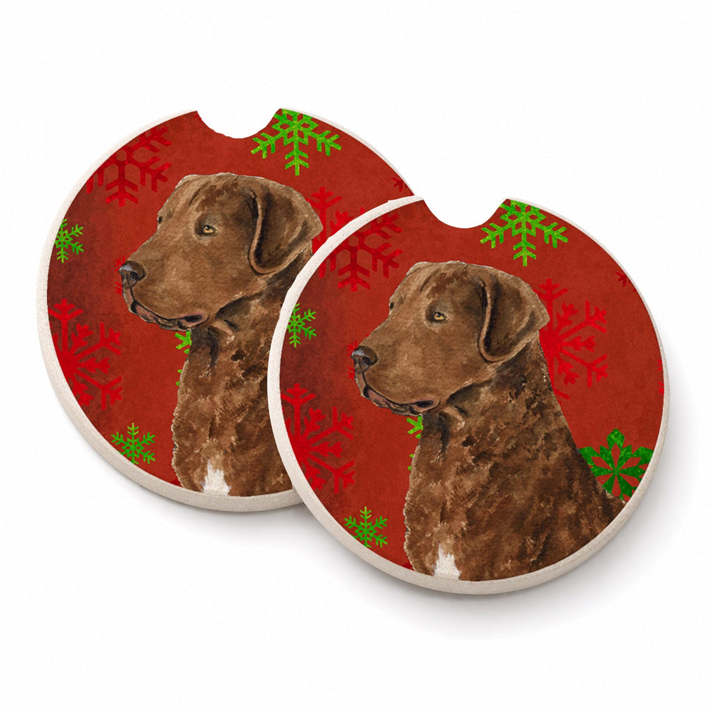 Chesapeake Bay Retriever Red Snowflakes Holiday Christmas Set of 2 Cup Holder Car Coasters Absorbent Round Sandstone Coasters Gifts for Men or Women, 2.5, Multicolor