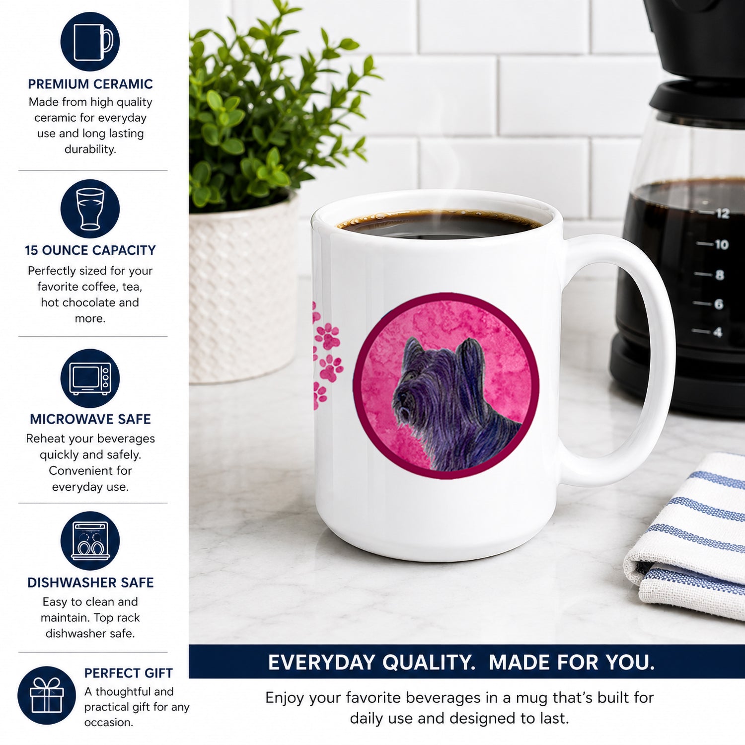 Pink Skye Terrier Ceramic Coffee Mug 15 oz Decorative Large C Handle Mug Cup for Tea, Cocoa Hot Chocolate
