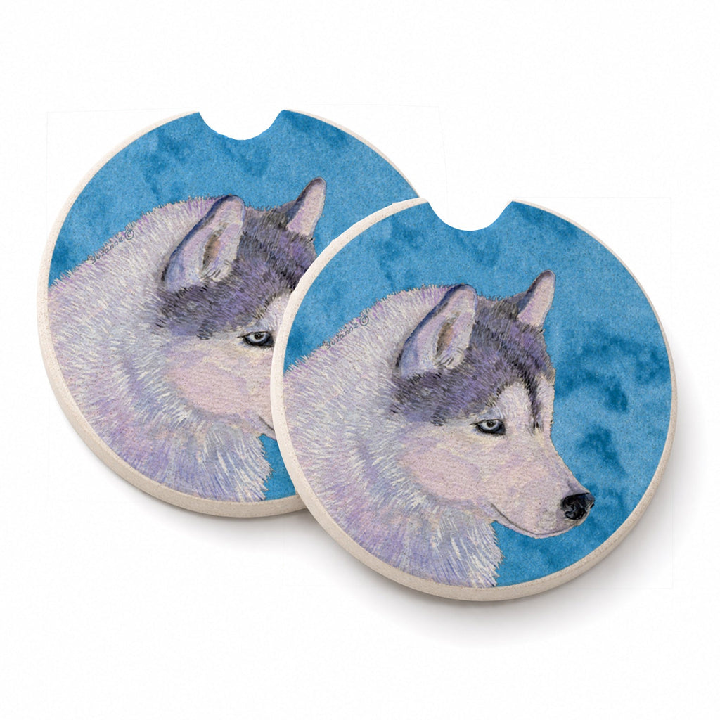 Blue Siberian Husky Set of 2 Cup Holder Car Coasters Absorbent Round Sandstone Coasters Gifts for Men or Women, 2.5, Multicolor