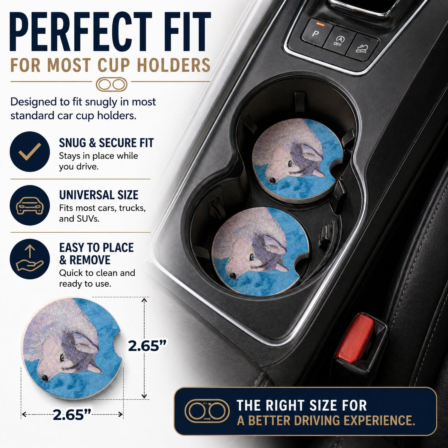 Blue Siberian Husky Set of 2 Cup Holder Car Coasters Absorbent Round Sandstone Coasters Gifts for Men or Women, 2.5, Multicolor
