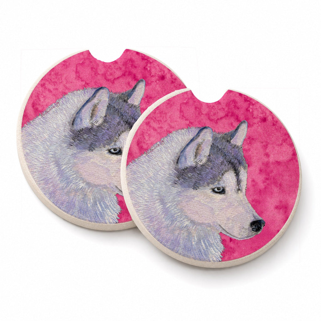 Pink Siberian Husky Set of 2 Cup Holder Car Coasters Absorbent Round Sandstone Coasters Gifts for Men or Women, 2.5, Multicolor