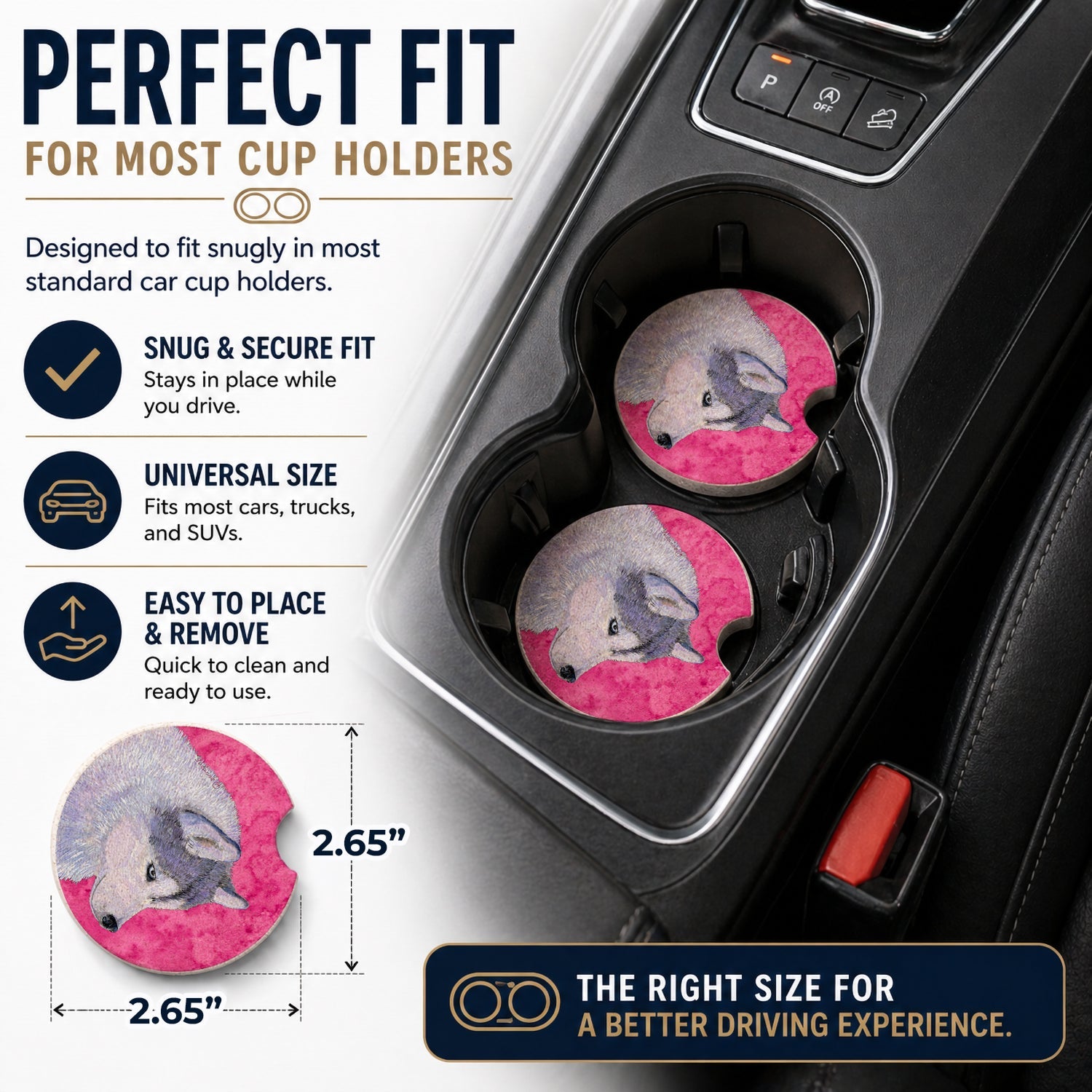 Pink Siberian Husky Set of 2 Cup Holder Car Coasters Absorbent Round Sandstone Coasters Gifts for Men or Women, 2.5, Multicolor