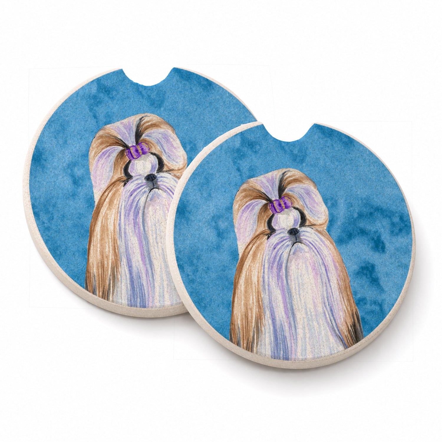 Blue Shih Tzu Set of 2 Cup Holder Car Coasters Absorbent Round Sandstone Coasters Gifts for Men or Women, 2.5, Multicolor