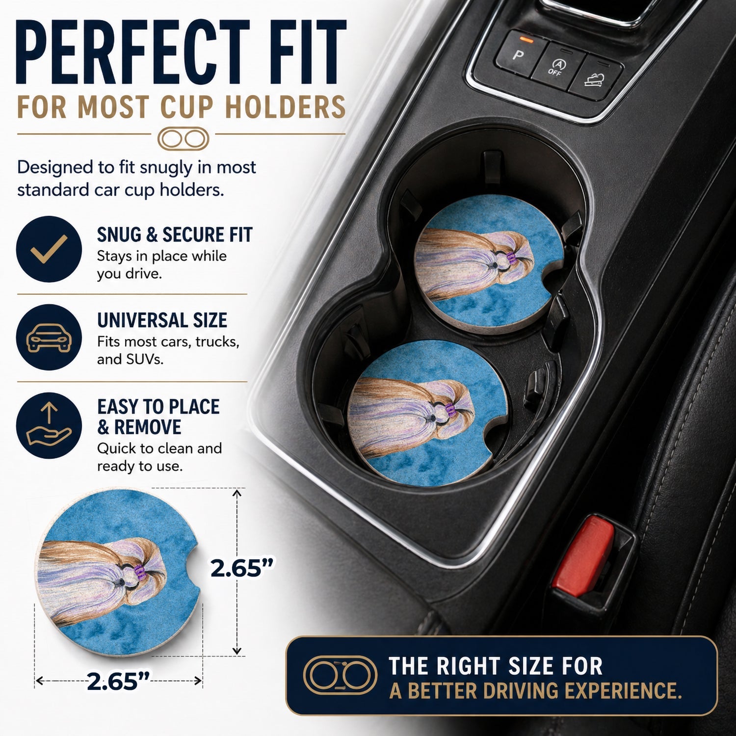 Blue Shih Tzu Set of 2 Cup Holder Car Coasters Absorbent Round Sandstone Coasters Gifts for Men or Women, 2.5, Multicolor