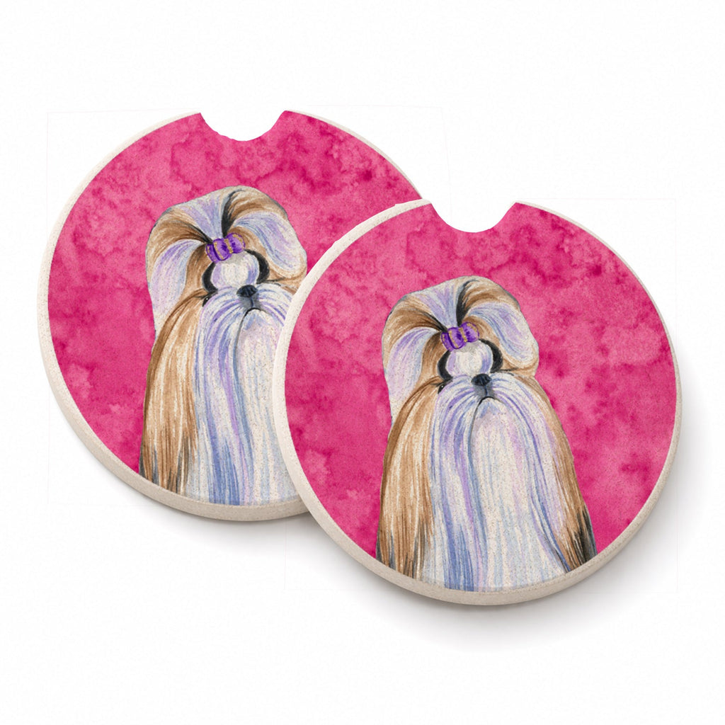 Pink Shih Tzu Set of 2 Cup Holder Car Coasters Absorbent Round Sandstone Coasters Gifts for Men or Women, 2.5, Multicolor