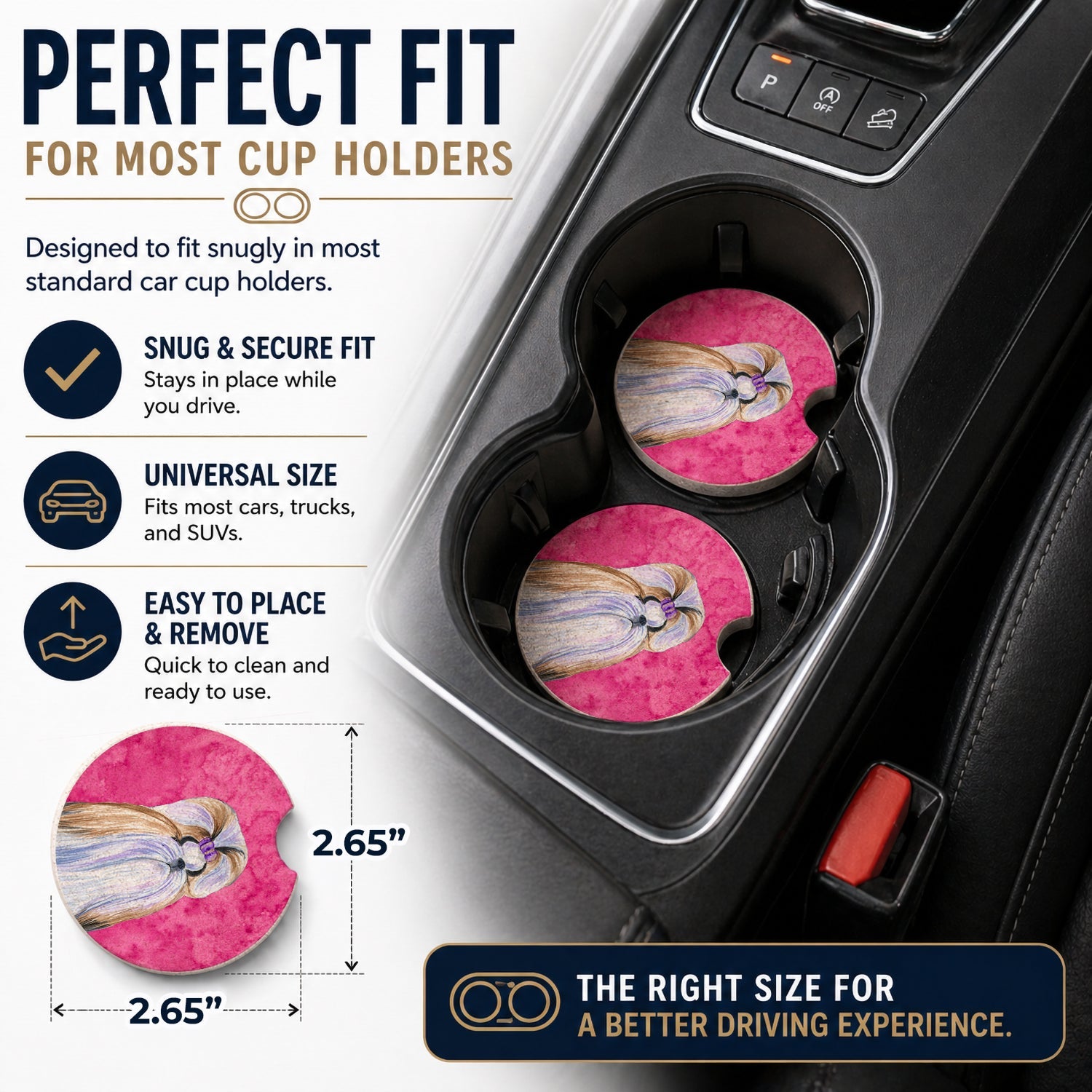 Pink Shih Tzu Set of 2 Cup Holder Car Coasters Absorbent Round Sandstone Coasters Gifts for Men or Women, 2.5, Multicolor