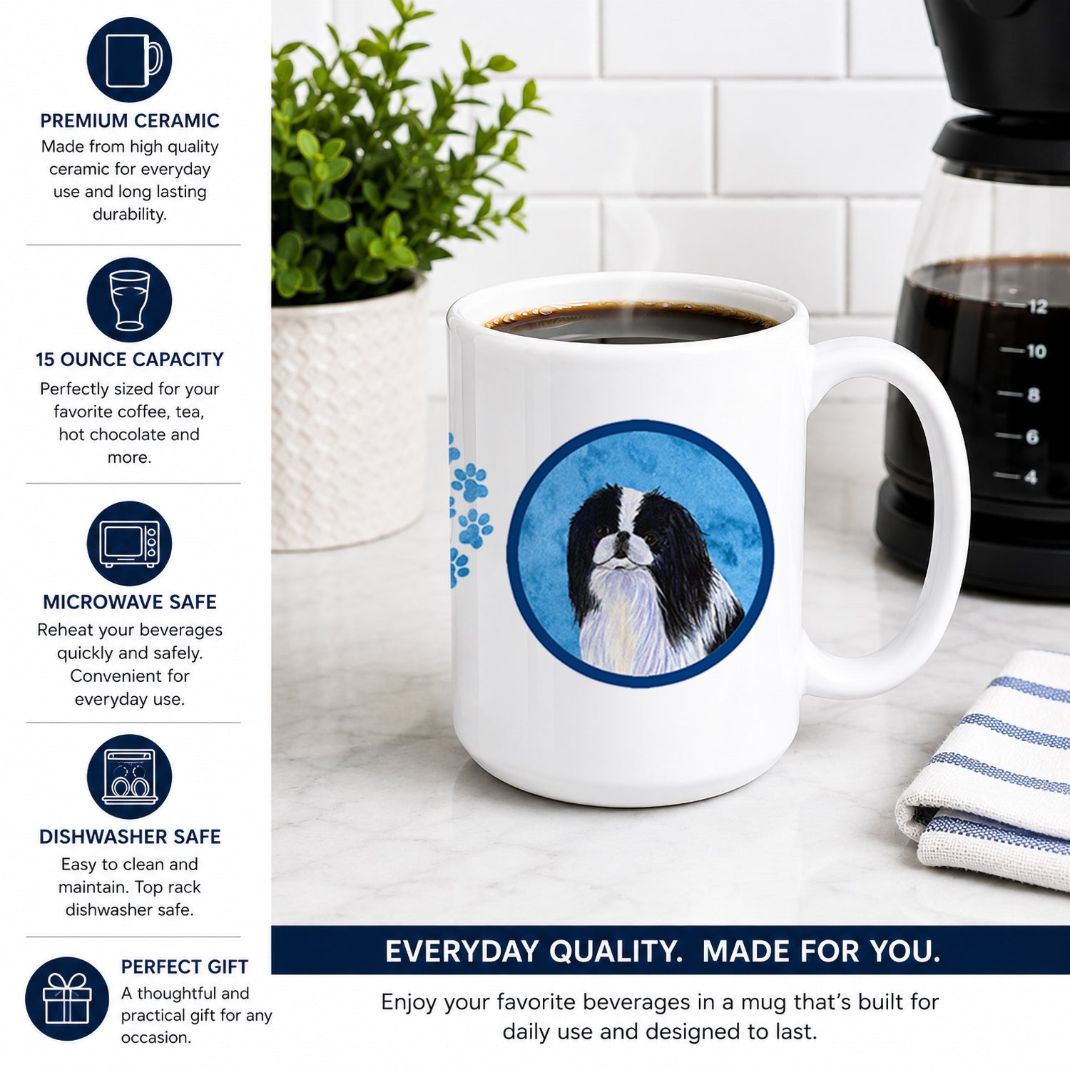 Blue Japanese Chin Ceramic Coffee Mug 15 oz Decorative Large C Handle Mug Cup for Tea, Cocoa Hot Chocolate