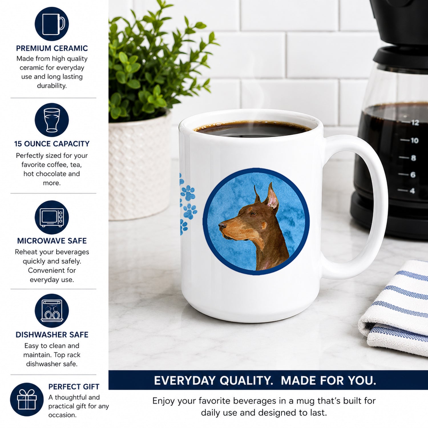 Blue Doberman Ceramic Coffee Mug 15 oz Decorative Large C Handle Mug Cup for Tea, Cocoa Hot Chocolate