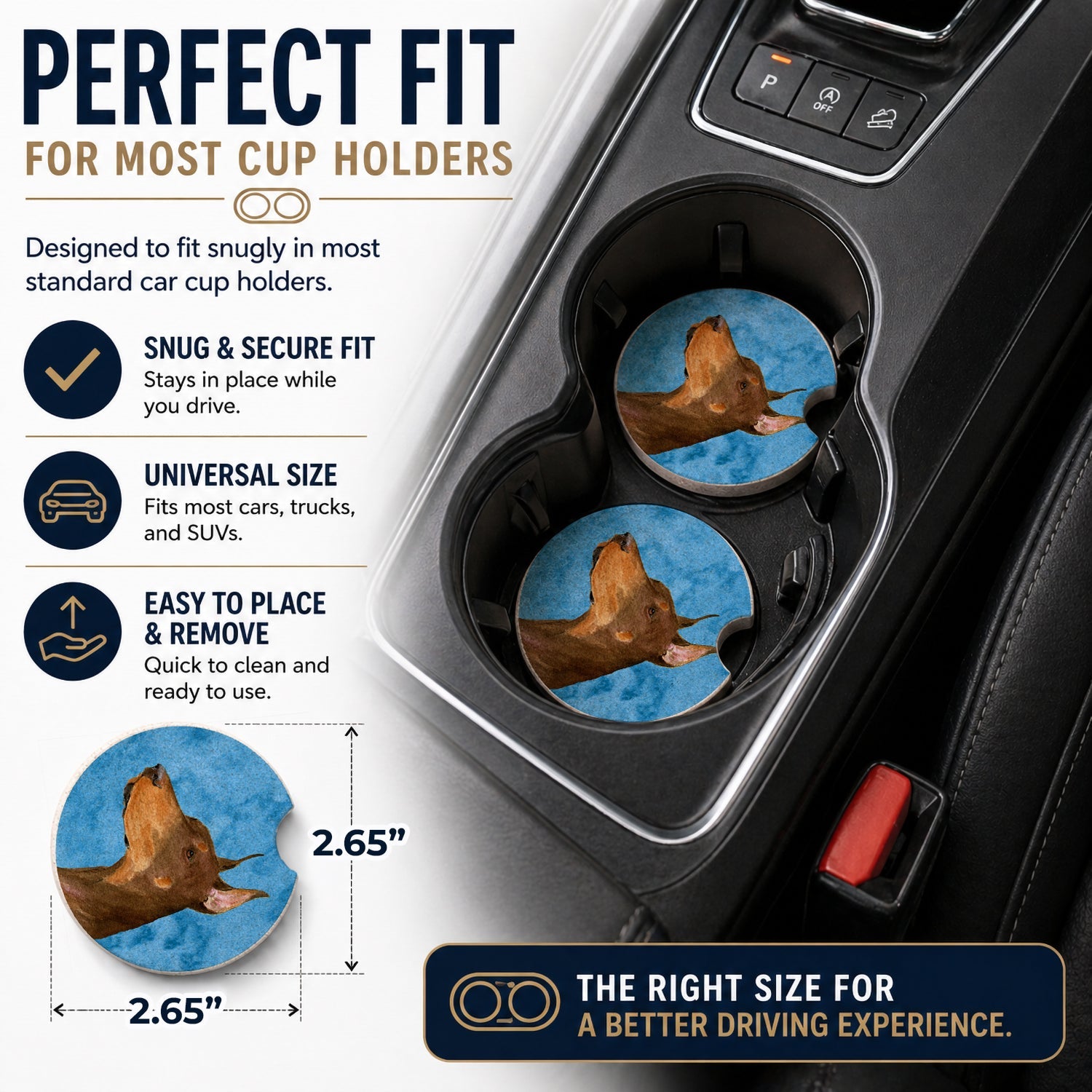 Blue Doberman Set of 2 Cup Holder Car Coasters Absorbent Round Sandstone Coasters Gifts for Men or Women, 2.5, Multicolor