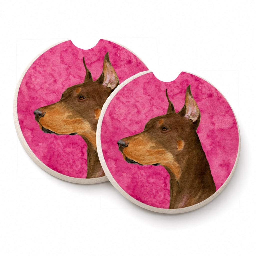 Pink Doberman Set of 2 Cup Holder Car Coasters Absorbent Round Sandstone Coasters Gifts for Men or Women, 2.5, Multicolor