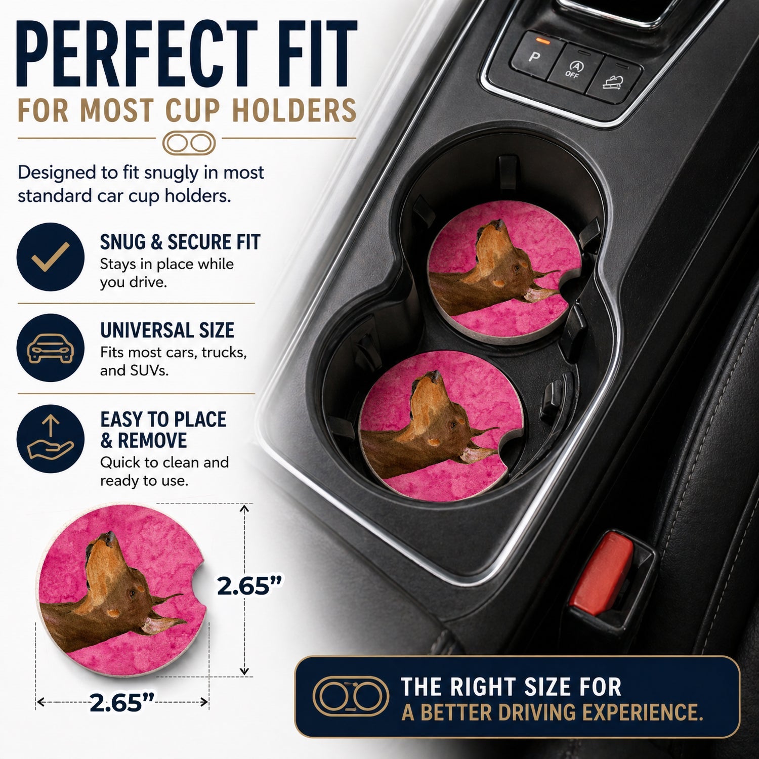 Pink Doberman Set of 2 Cup Holder Car Coasters Absorbent Round Sandstone Coasters Gifts for Men or Women, 2.5, Multicolor