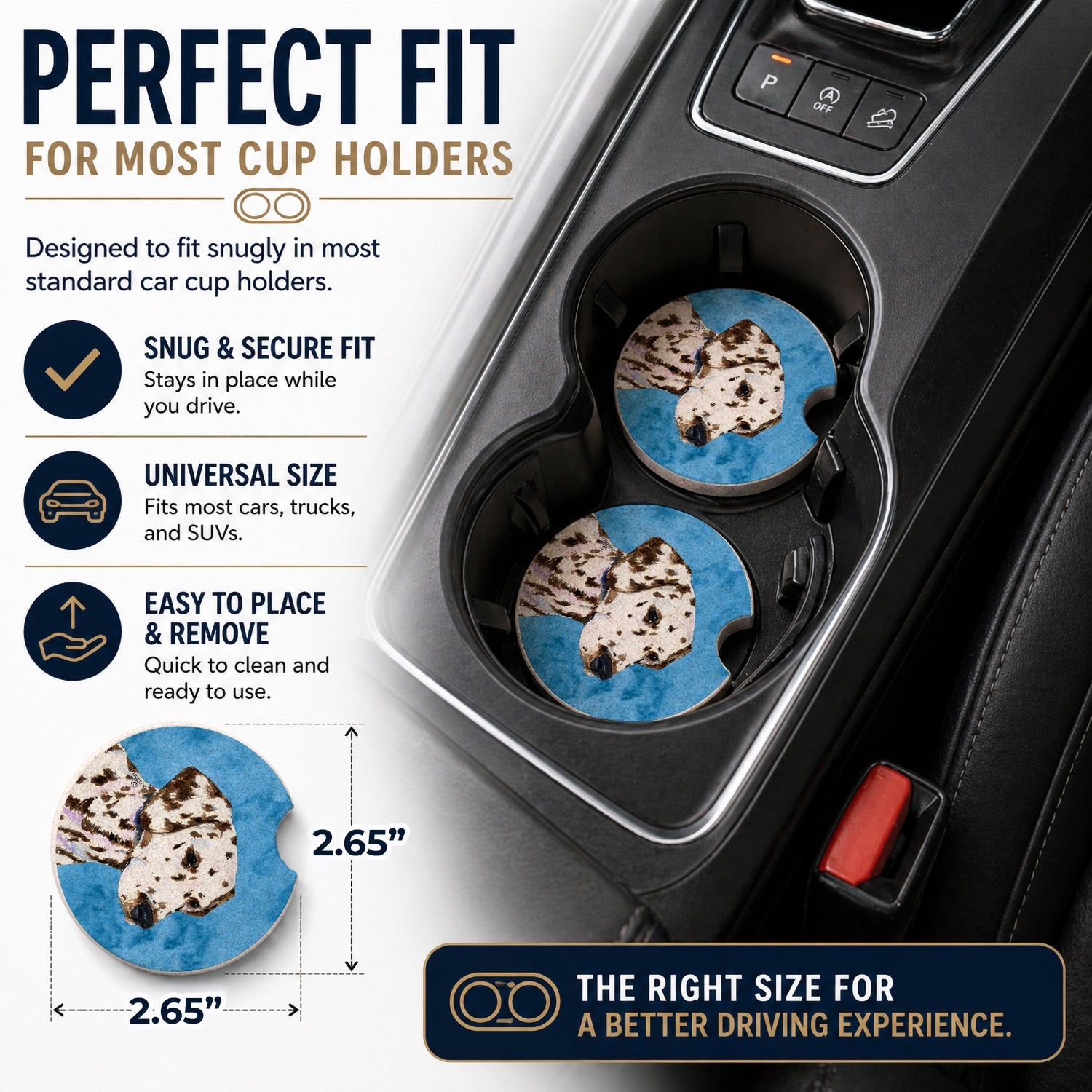 Blue Dalmatian Set of 2 Cup Holder Car Coasters Absorbent Round Sandstone Coasters Gifts for Men or Women, 2.5, Multicolor