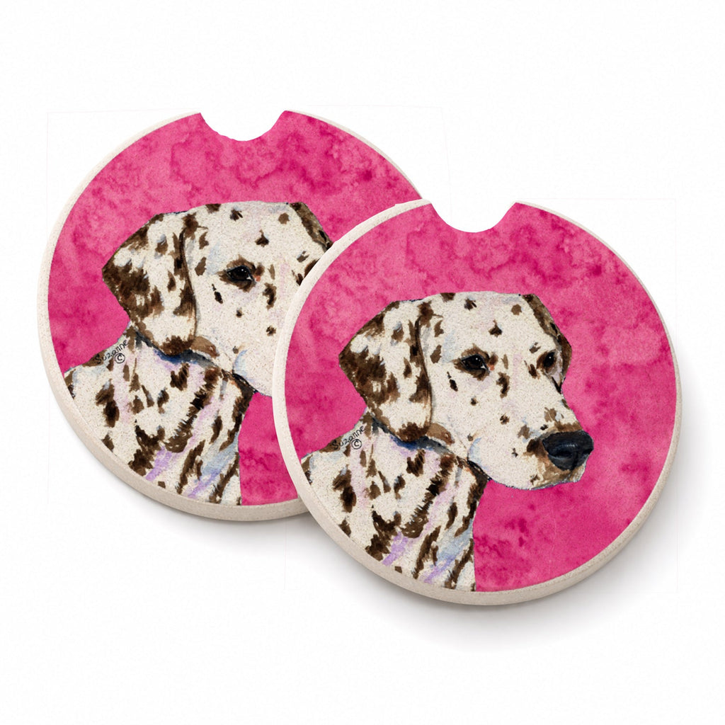 Pink Dalmatian Set of 2 Cup Holder Car Coasters Absorbent Round Sandstone Coasters Gifts for Men or Women, 2.5, Multicolor