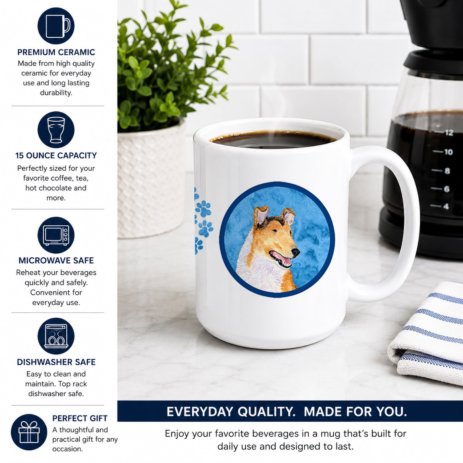 Blue Smooth Collie Ceramic Coffee Mug 15 oz Decorative Large C Handle Mug Cup for Tea, Cocoa Hot Chocolate