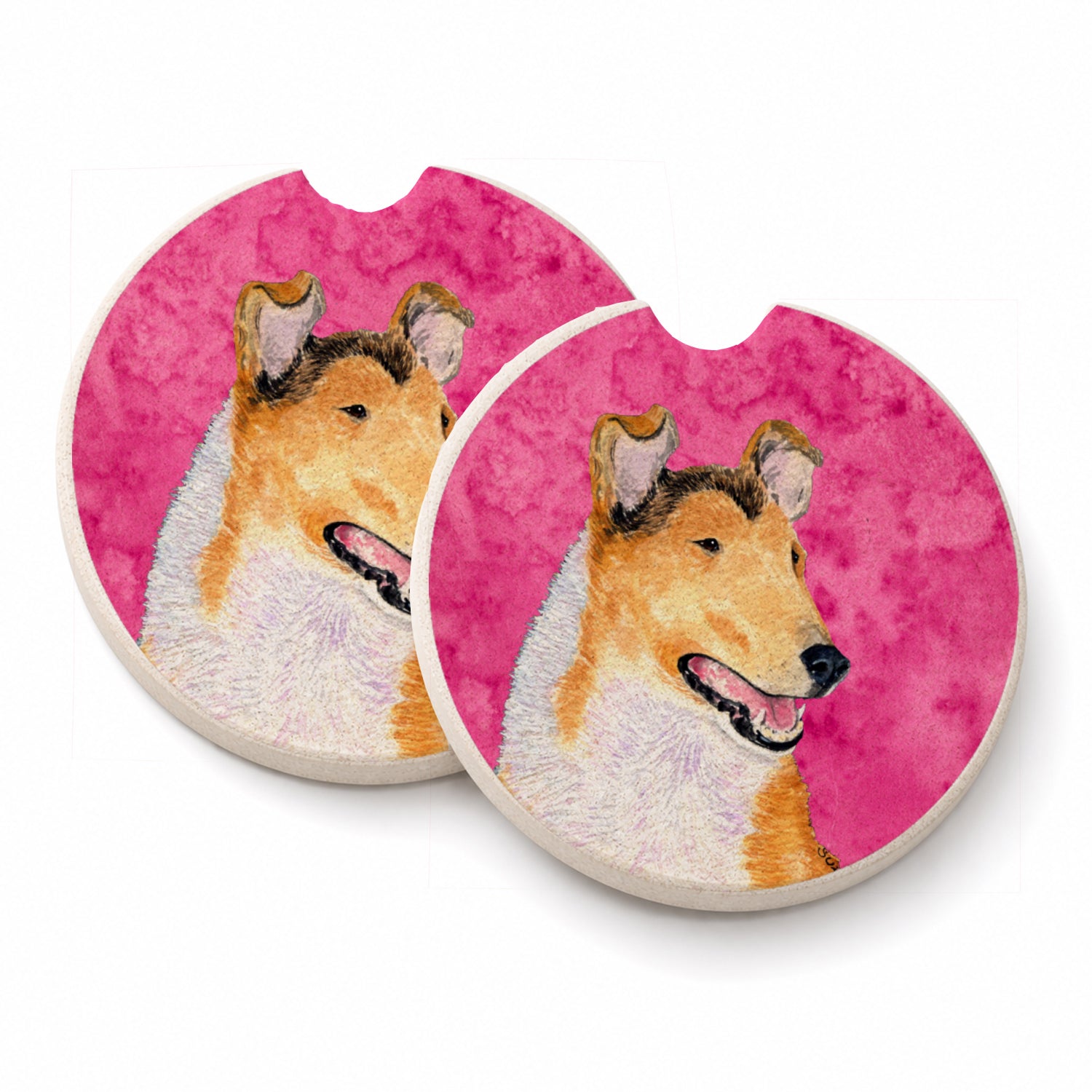 Pink Smooth Collie Set of 2 Cup Holder Car Coasters Absorbent Round Sandstone Coasters Gifts for Men or Women, 2.5, Multicolor