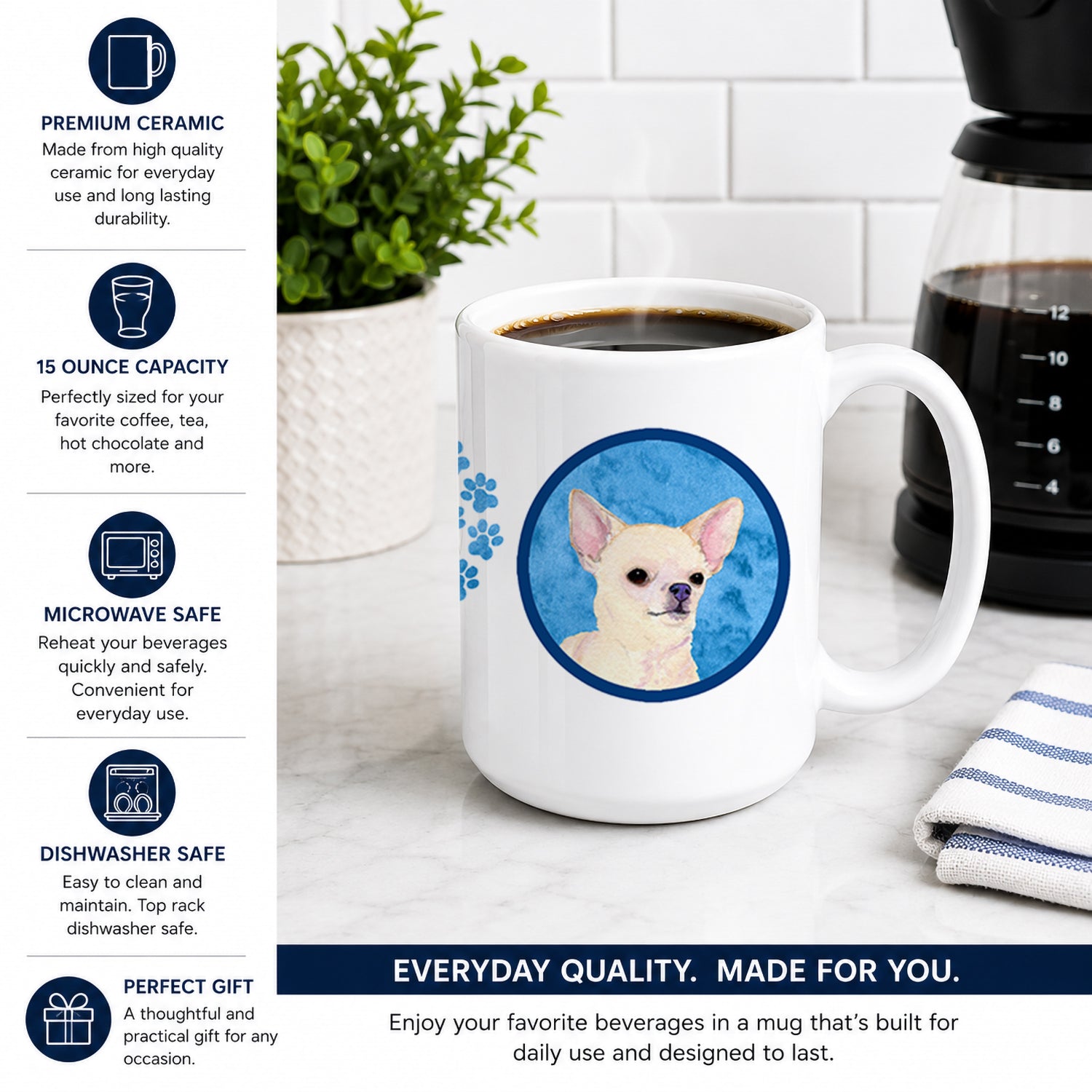Blue Chihuahua Ceramic Coffee Mug 15 oz Decorative Large C Handle Mug Cup for Tea, Cocoa Hot Chocolate