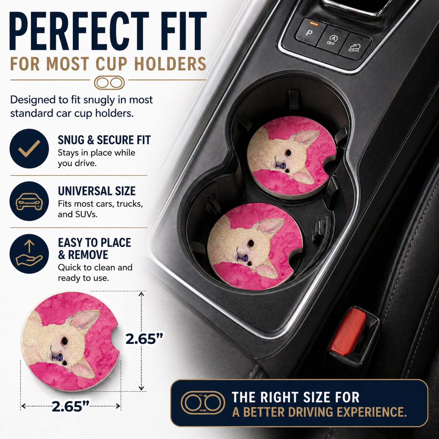 Pink Chihuahua Set of 2 Cup Holder Car Coasters Absorbent Round Sandstone Coasters Gifts for Men or Women, 2.5, Multicolor