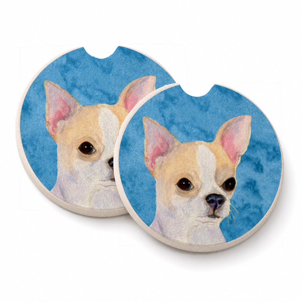 Blue Chihuahua Set of 2 Cup Holder Car Coasters Absorbent Round Sandstone Coasters Gifts for Men or Women, 2.5, Multicolor