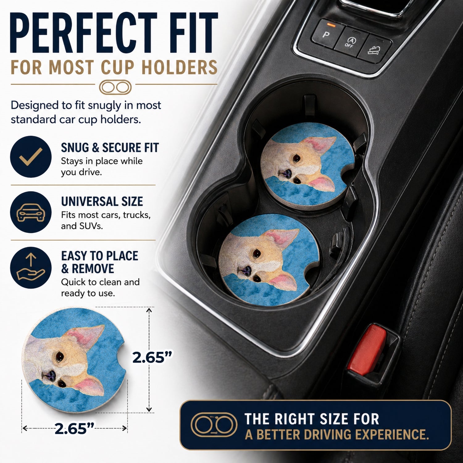 Blue Chihuahua Set of 2 Cup Holder Car Coasters Absorbent Round Sandstone Coasters Gifts for Men or Women, 2.5, Multicolor