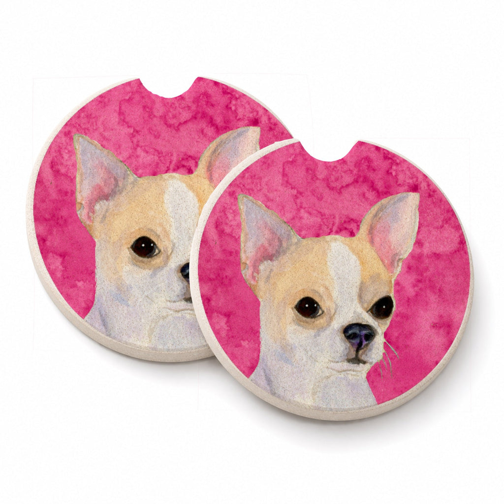 Pink Chihuahua Set of 2 Cup Holder Car Coasters Absorbent Round Sandstone Coasters Gifts for Men or Women, 2.5, Multicolor