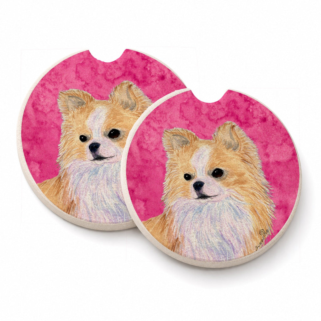 Pink Longhaired Chihuahua Set of 2 Cup Holder Car Coasters Absorbent Round Sandstone Coasters Gifts for Men or Women, 2.5, Multicolor