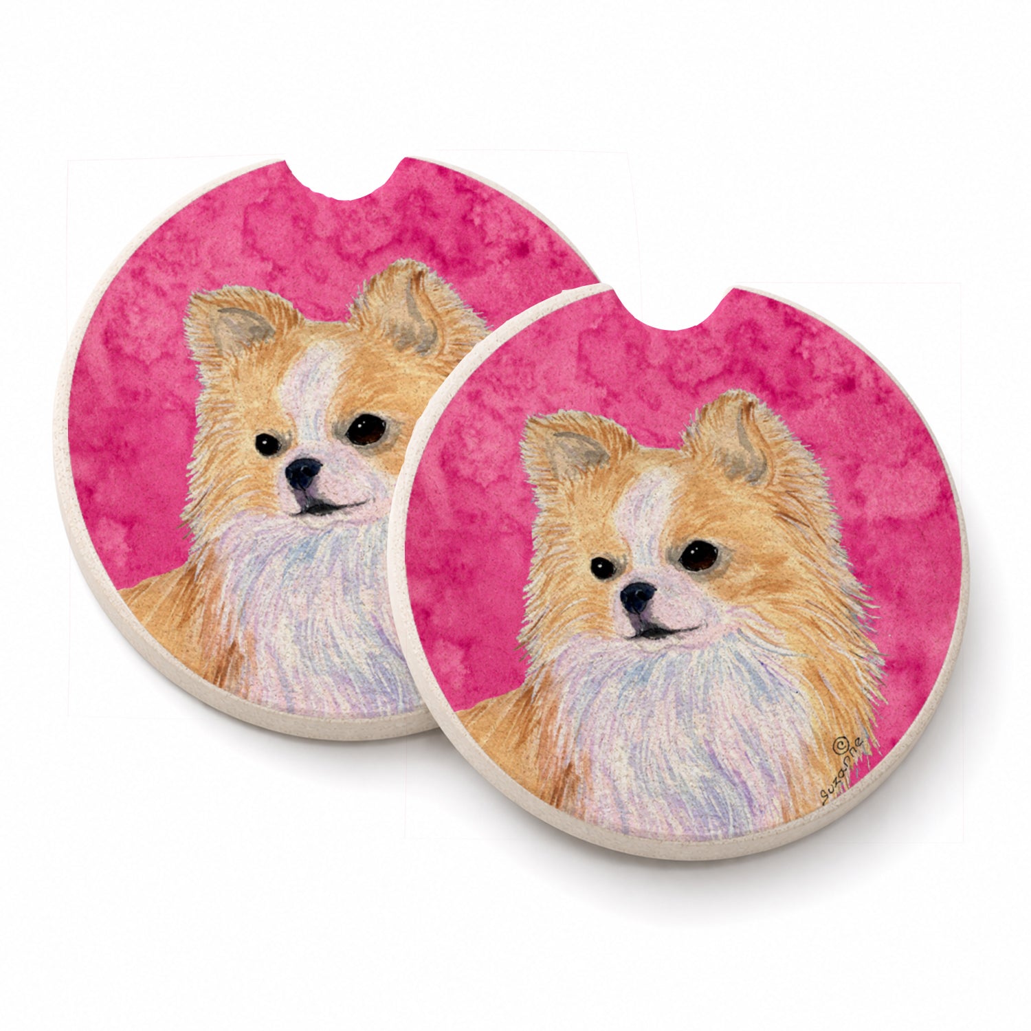 Pink Longhaired Chihuahua Set of 2 Cup Holder Car Coasters Absorbent Round Sandstone Coasters Gifts for Men or Women, 2.5, Multicolor
