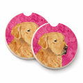 Pink Golden Retriever Set of 2 Cup Holder Car Coasters Absorbent Round Sandstone Coasters Gifts for Men or Women, 2.5, Multicolor
