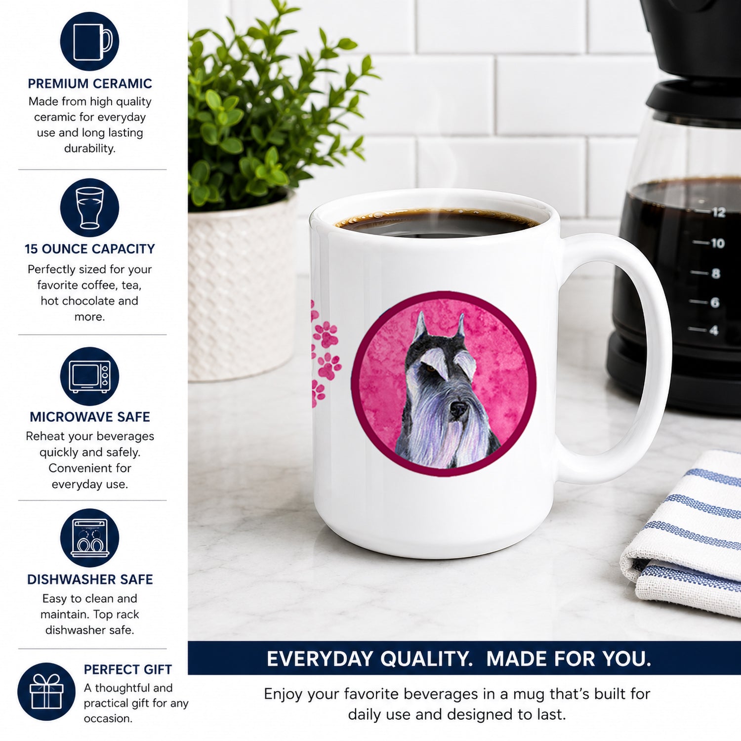 Pink Schnauzer Ceramic Coffee Mug 15 oz Decorative Large C Handle Mug Cup for Tea, Cocoa Hot Chocolate