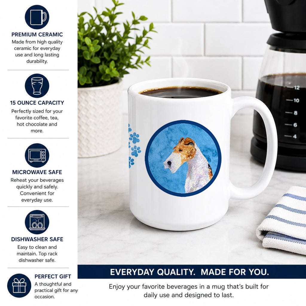Blue Wire Fox Terrier Ceramic Coffee Mug 15 oz Decorative Large C Handle Mug Cup for Tea, Cocoa Hot Chocolate