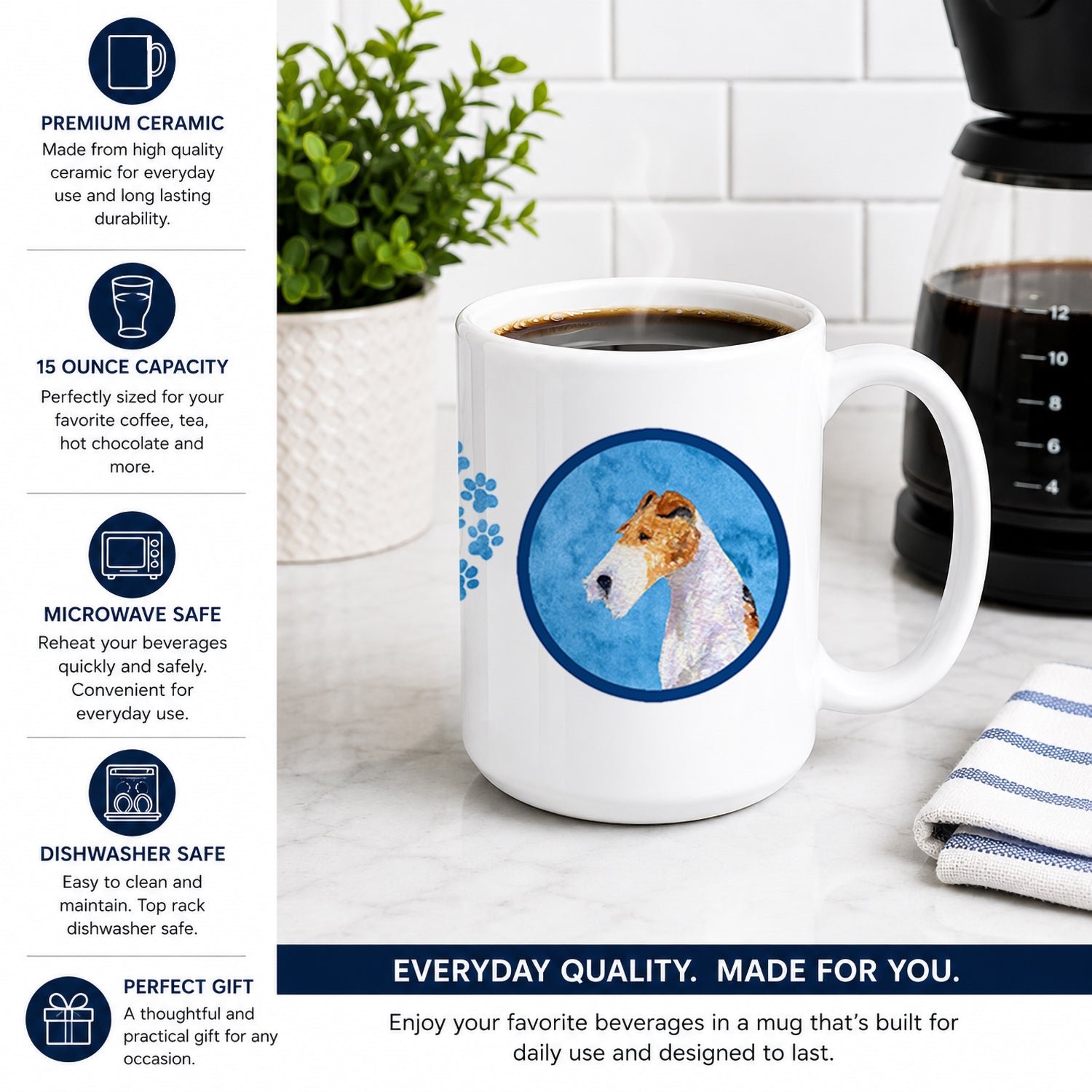 Blue Wire Fox Terrier Ceramic Coffee Mug 15 oz Decorative Large C Handle Mug Cup for Tea, Cocoa Hot Chocolate
