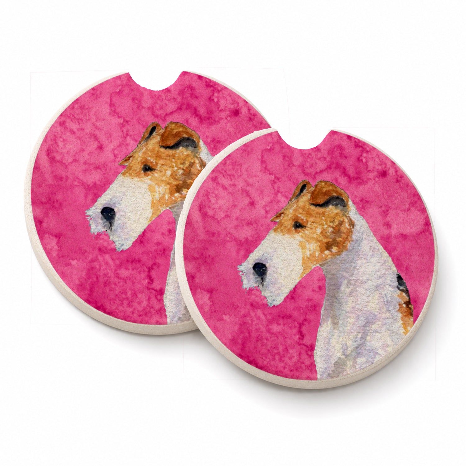 Pink Wire Fox Terrier Set of 2 Cup Holder Car Coasters Absorbent Round Sandstone Coasters Gifts for Men or Women, 2.5, Multicolor