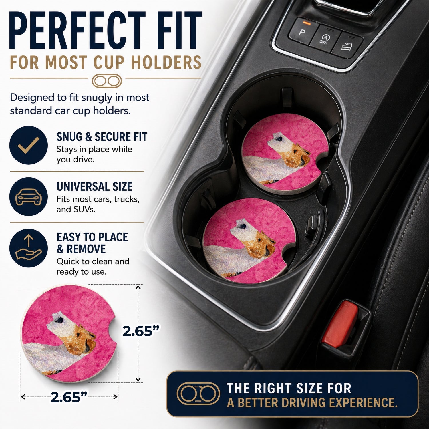 Pink Wire Fox Terrier Set of 2 Cup Holder Car Coasters Absorbent Round Sandstone Coasters Gifts for Men or Women, 2.5, Multicolor