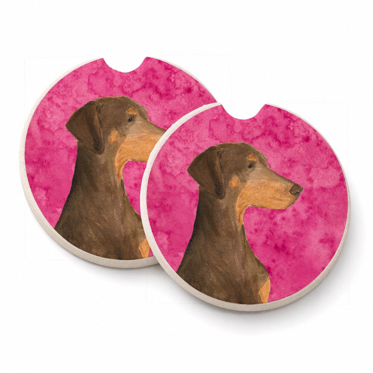Pink Doberman Set of 2 Cup Holder Car Coasters Absorbent Round Sandstone Coasters Gifts for Men or Women, 2.5, Multicolor