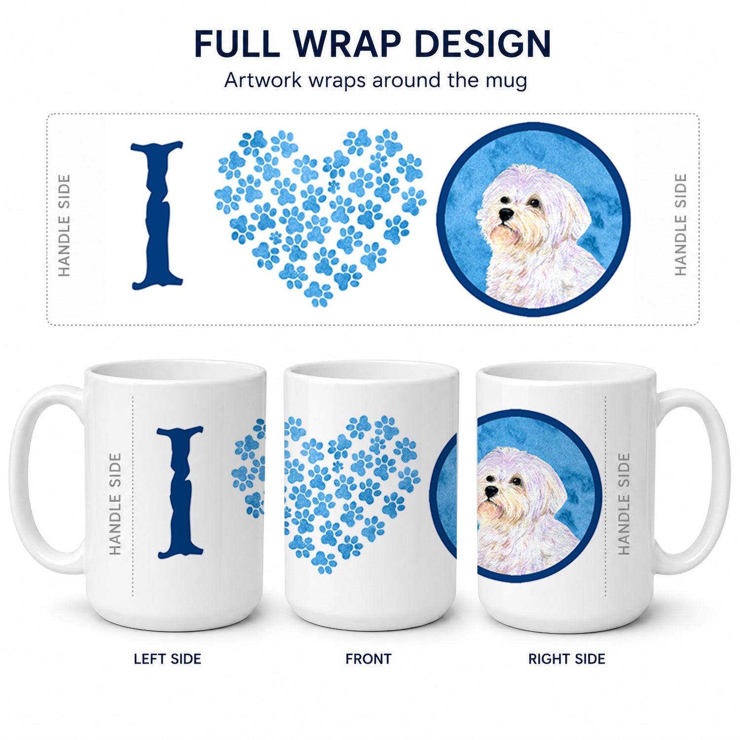 Blue Maltese Ceramic Coffee Mug 15 oz Decorative Large C Handle Mug Cup for Tea, Cocoa Hot Chocolate