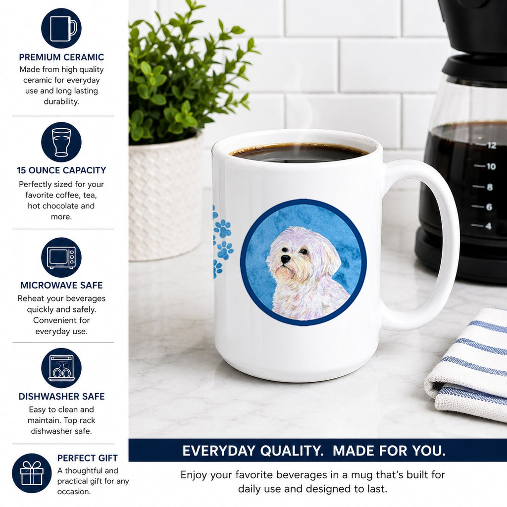 Blue Maltese Ceramic Coffee Mug 15 oz Decorative Large C Handle Mug Cup for Tea, Cocoa Hot Chocolate
