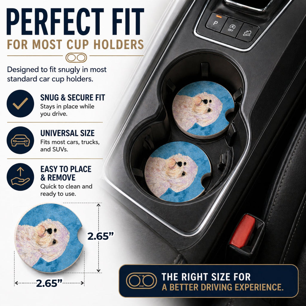 Blue Maltese Set of 2 Cup Holder Car Coasters Absorbent Round Sandstone Coasters Gifts for Men or Women, 2.5, Multicolor