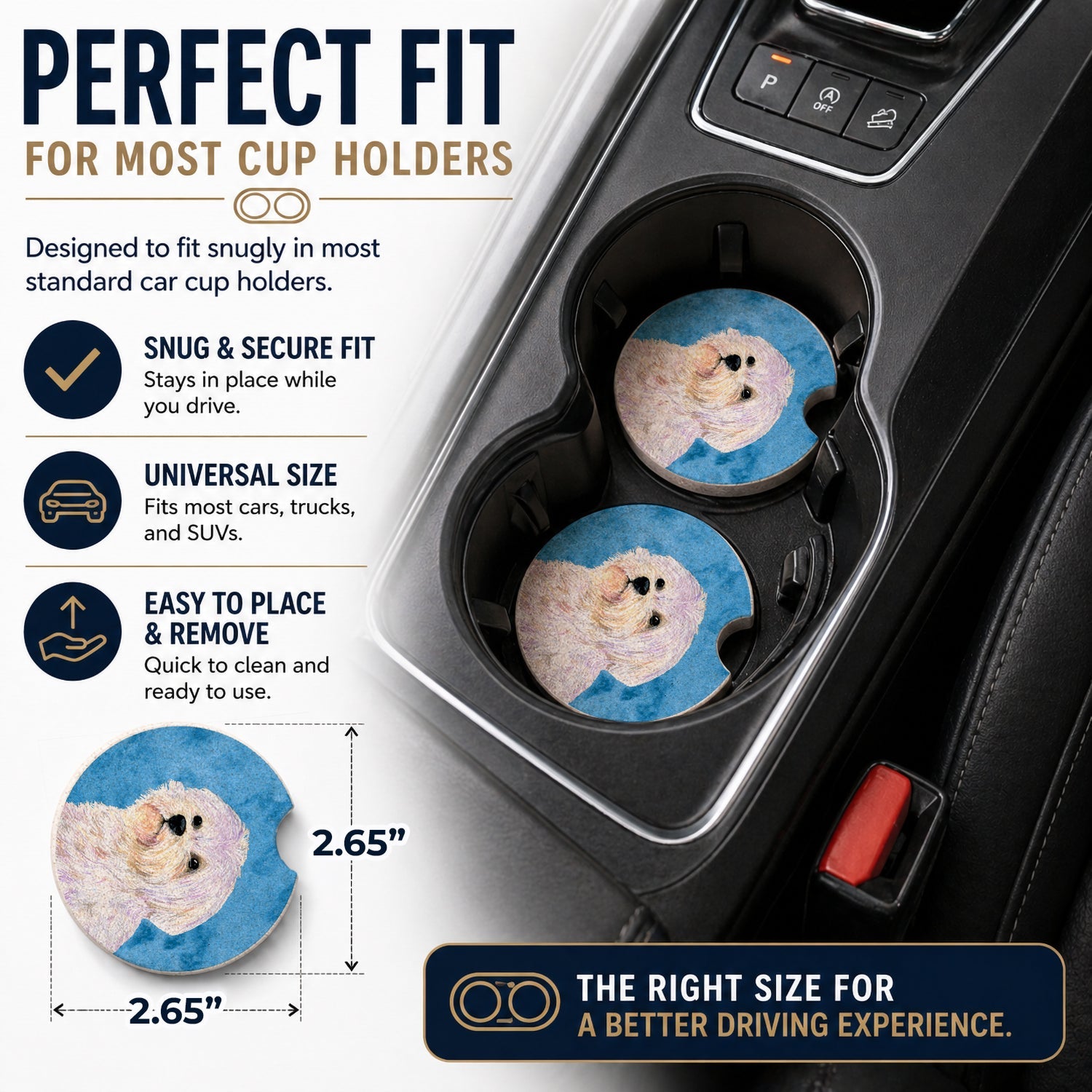Blue Maltese Set of 2 Cup Holder Car Coasters Absorbent Round Sandstone Coasters Gifts for Men or Women, 2.5, Multicolor